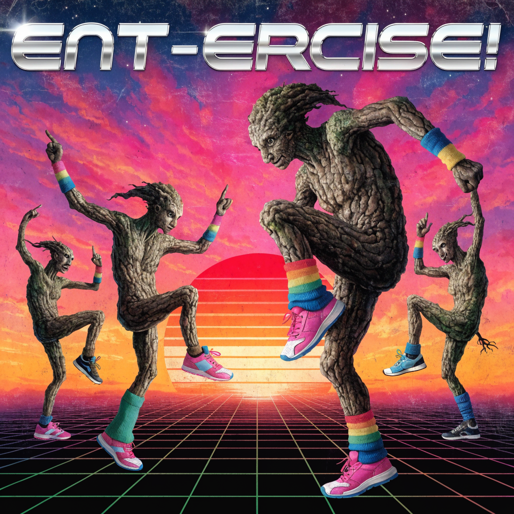 1980s aerobics VHS cover featuring dancing ents in sweatbands and leg warmers