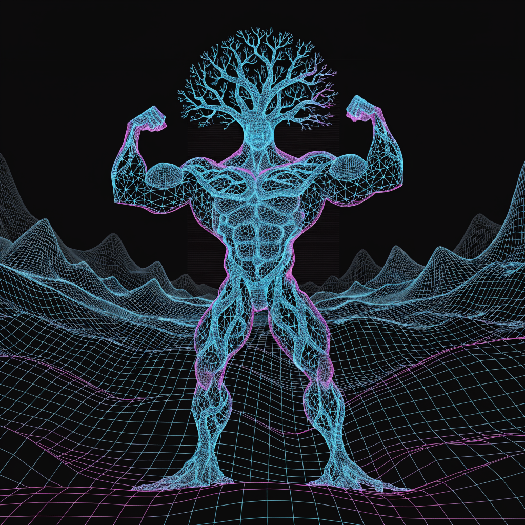 Wireframe computer graphic of a flexing tree person